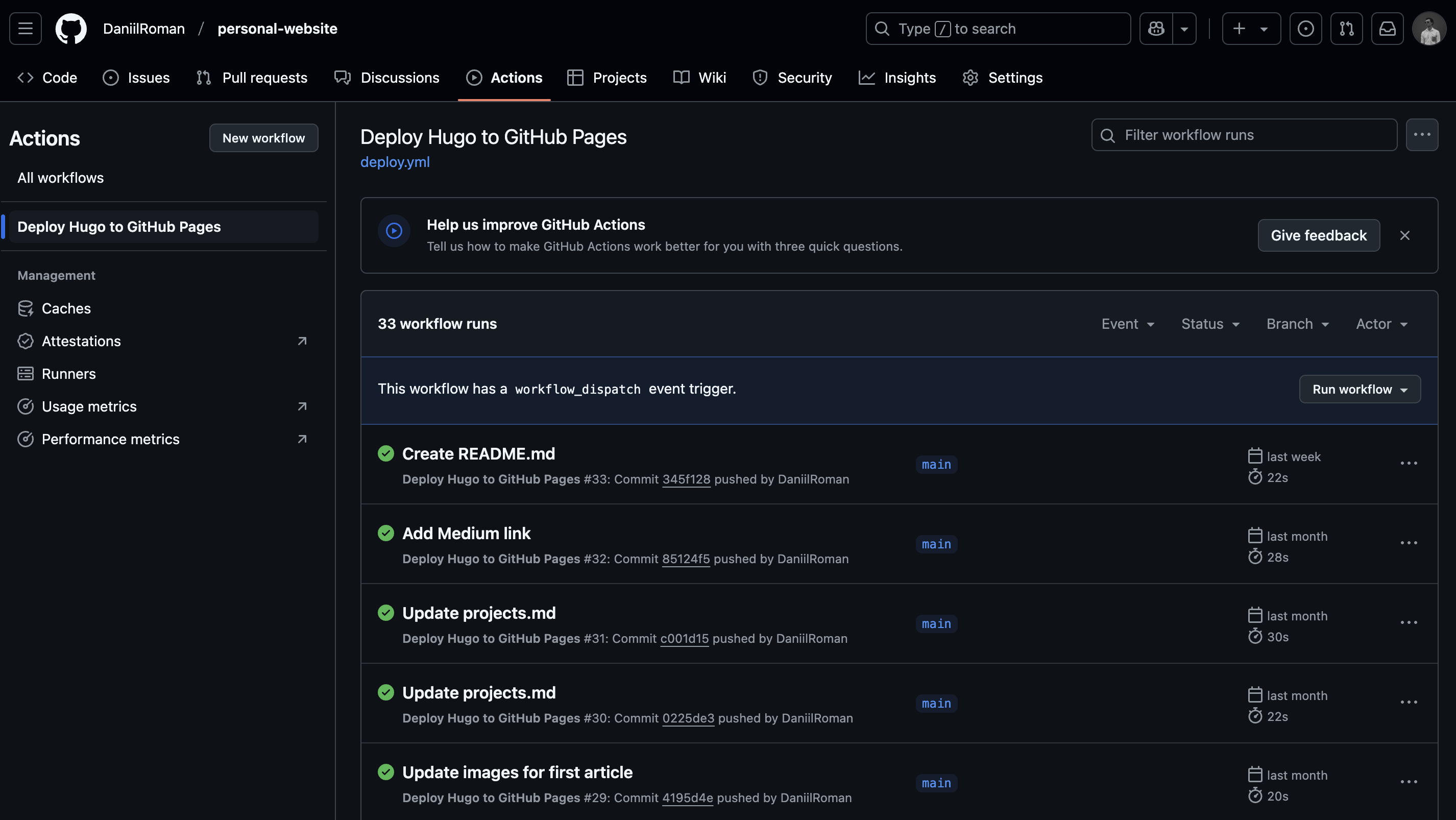 GitHub actions UI